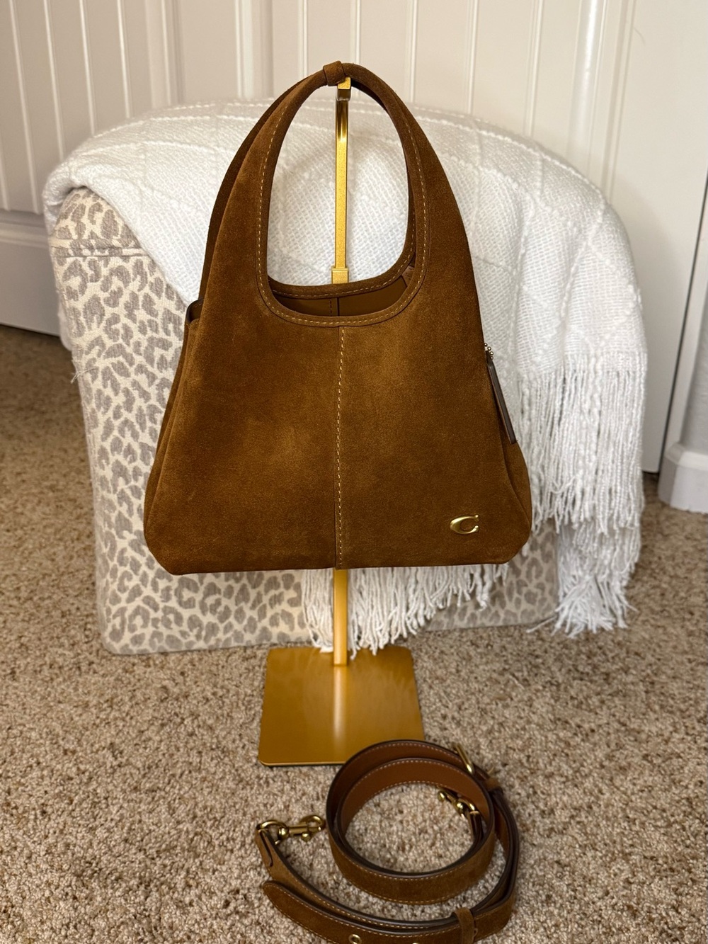 Coach Brown Suede Shoulder Bag with Gold Accent